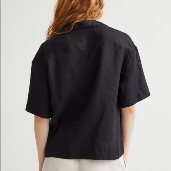 H&M Linen Black Crop Boxy Short Sleeve Shirt Sz XL Vacation Beach - Picture 3 of 13